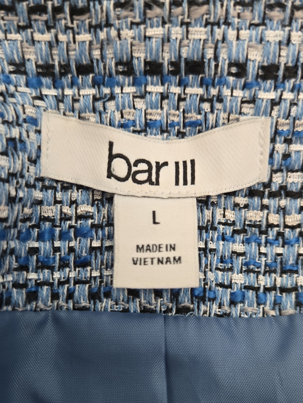 Bar III Classic Blue Tweed Collarless Jacket W/ Deep Navy Trim Sz Large - Picture 9 of 10
